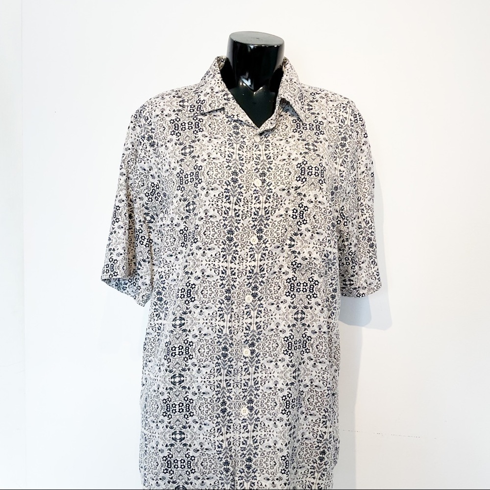 Vintage Silk Shirt Blue White Floral Print Short Sleeve Medium